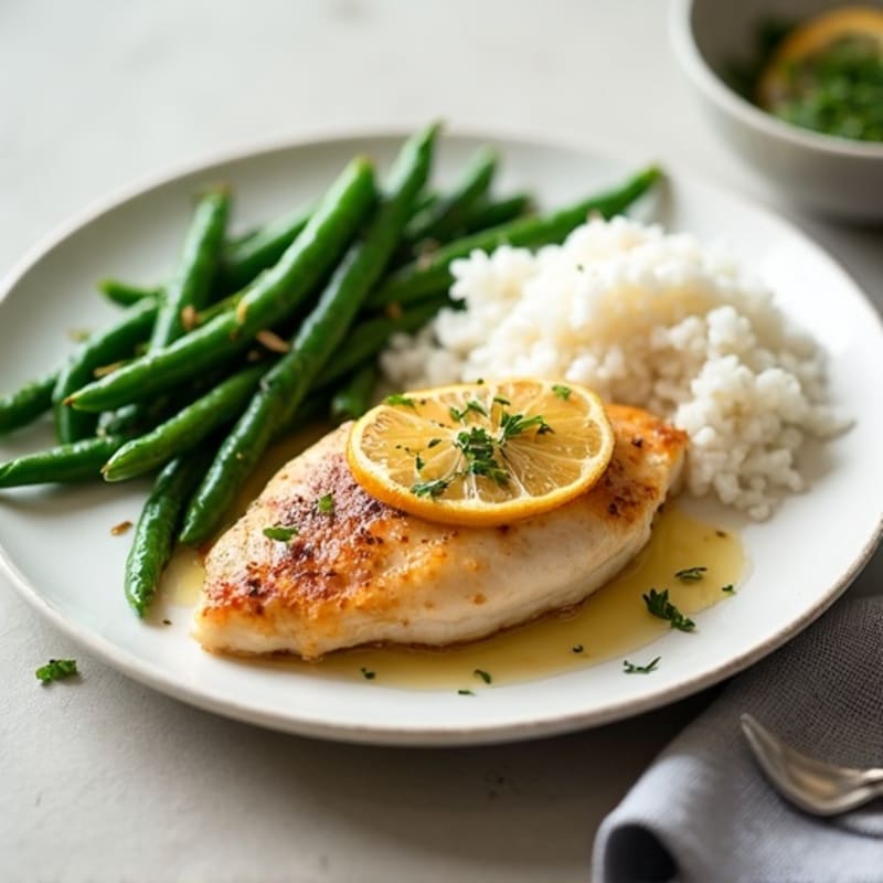Lemon Garlic Pan-Seared Chicken Breast with Fluffy White Rice and Steamed Green Beans