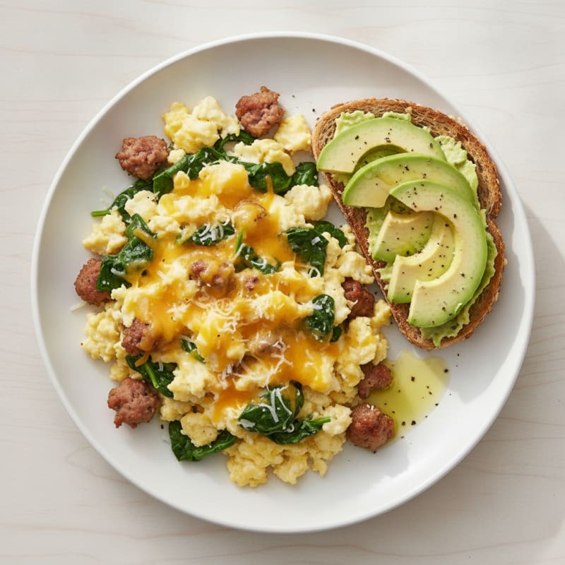 Cheesy Egg White Scramble with Turkey Sausage and Spinach
