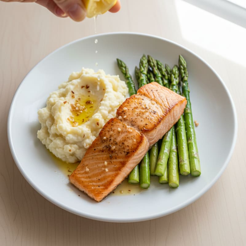 Seared Salmon with Steamed Asparagus and Garlic Mashed Cauliflower