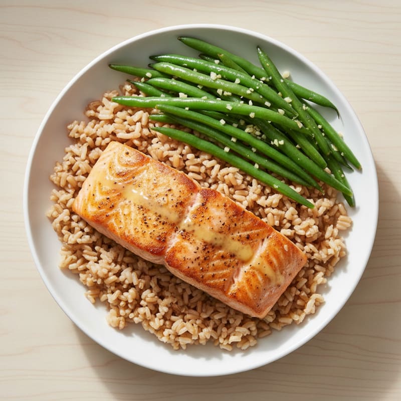 Pan-Seared Salmon with Garlic Green Beans and Brown Rice