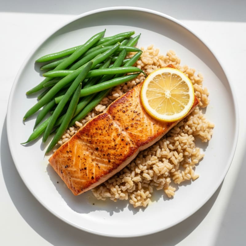 Seared Salmon with Steamed Green Beans and Brown Rice