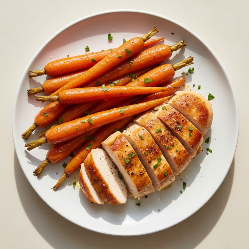 Caramelized Maple-Glazed Roasted Carrots with Pan-Seared Chicken
