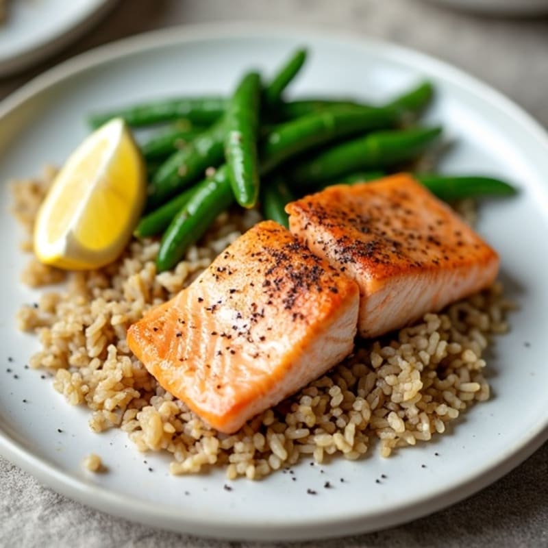 Seared Salmon with Garlic Green Beans and Brown Rice