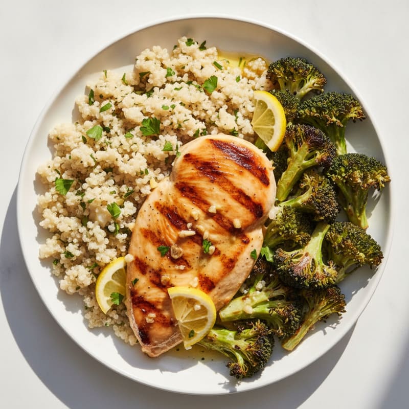 Grilled Lemon Garlic Chicken Breast with Quinoa and Roasted Broccoli
