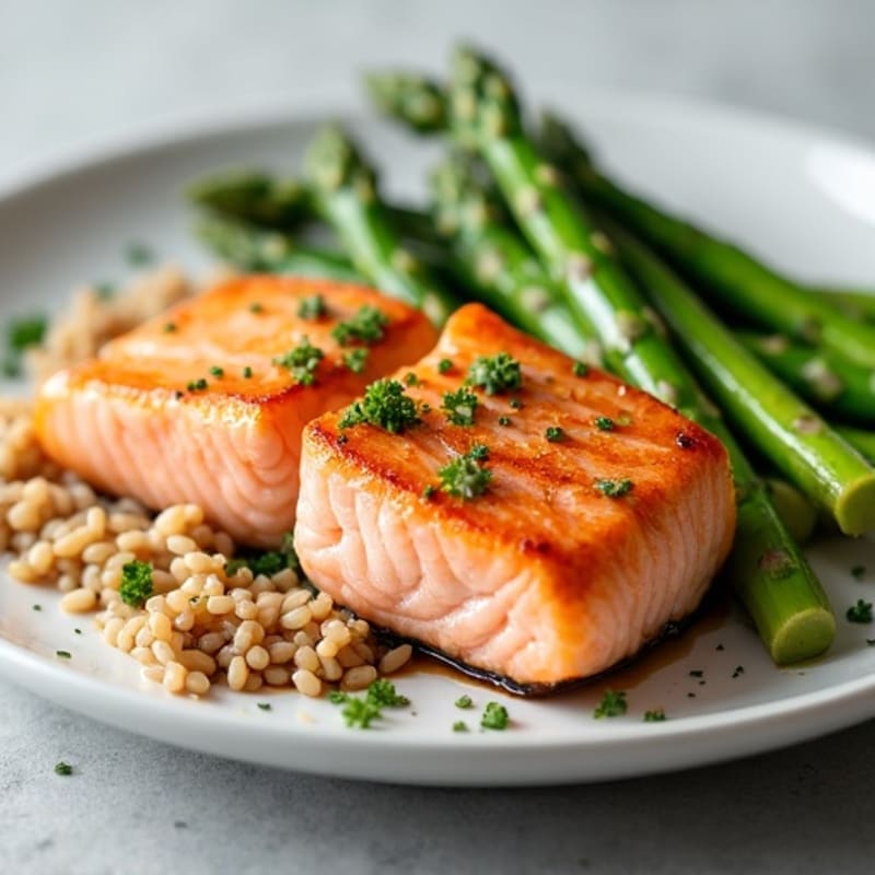 Seared Salmon Fillet with Steamed Asparagus and Brown Rice