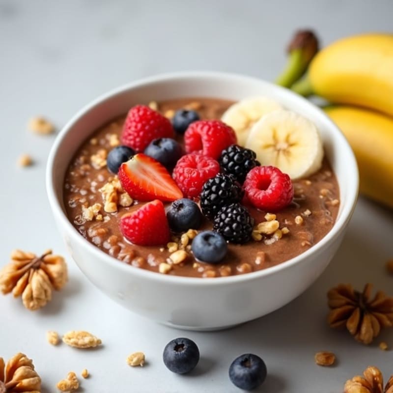 Creamy Chocolate Peanut Butter Protein Oatmeal with Fruit and Nuts