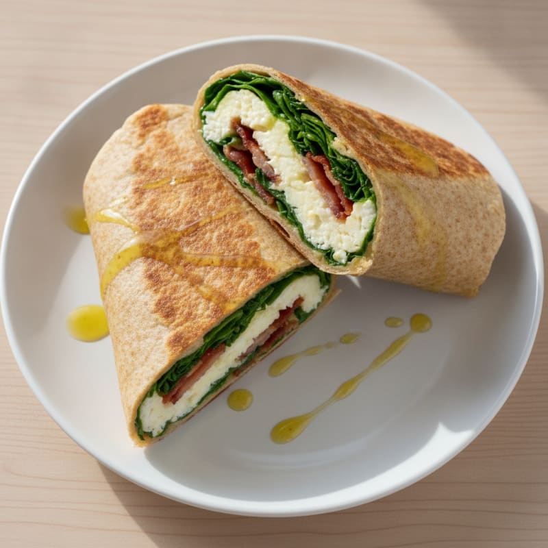 Crispy Egg White and Turkey Bacon Wrap with Spinach and Cottage Cheese