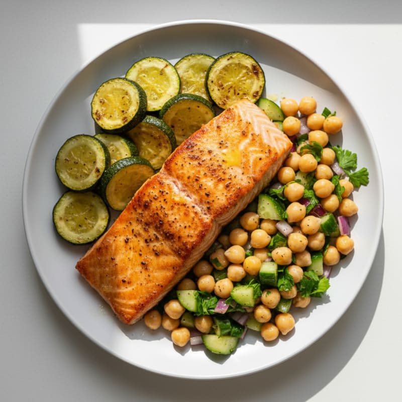 Seared Salmon with Roasted Zucchini and Chickpea Salad