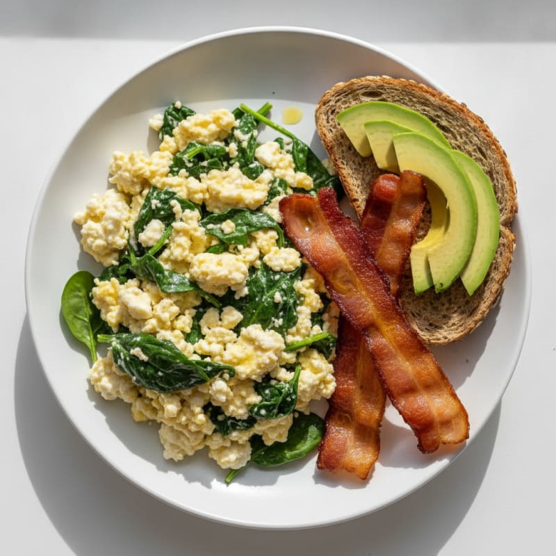 Cottage Cheese Scramble with Spinach and Turkey Bacon