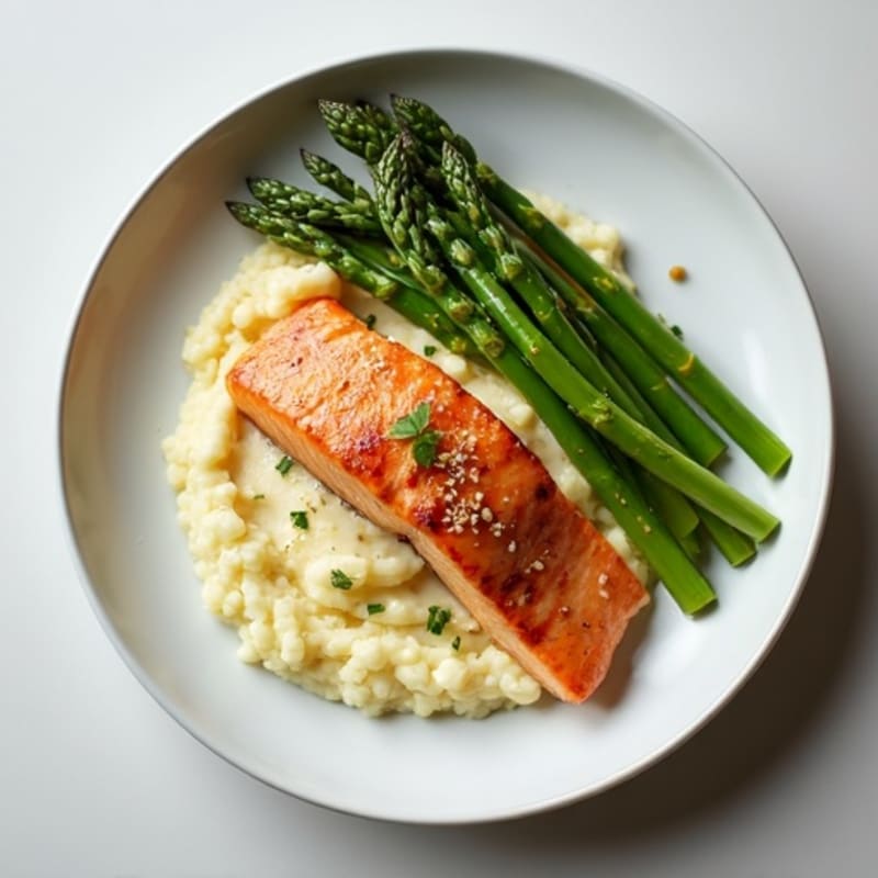 Seared Salmon with Steamed Asparagus and Cauliflower Mash
