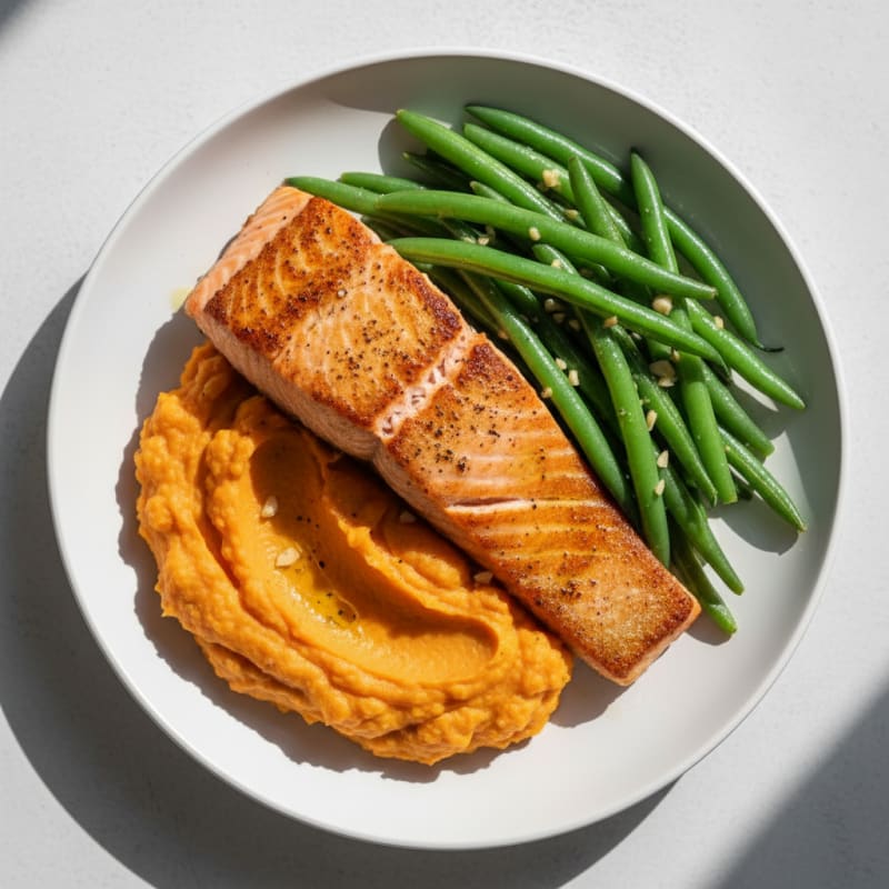 Seared Salmon with Steamed Green Beans and Sweet Potato Mash
