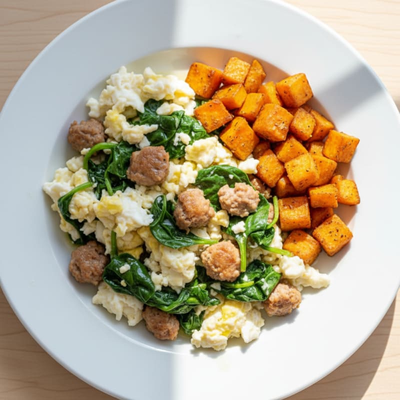 Egg White and Turkey Sausage Scramble with Spinach and Roasted Sweet Potato