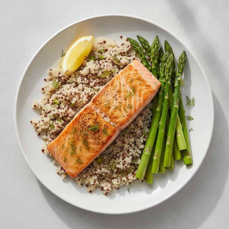 Seared Salmon Fillet with Quinoa and Steamed Asparagus