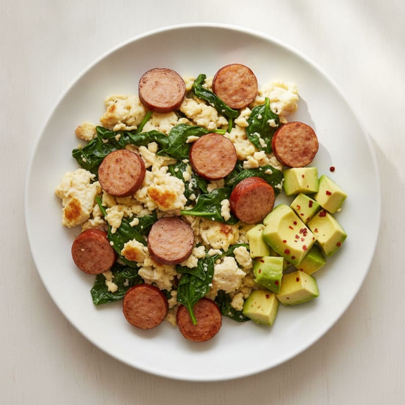 Egg White and Chicken Sausage Scramble with Spinach