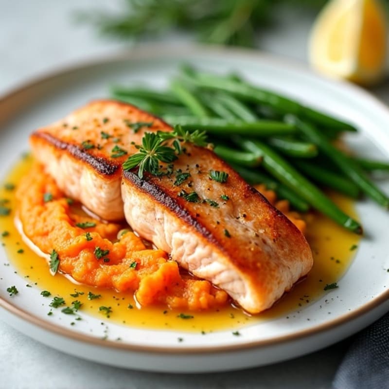 Seared Salmon Fillet with Herb-Seasoned Sweet Potato Mash and Steamed Green Beans
