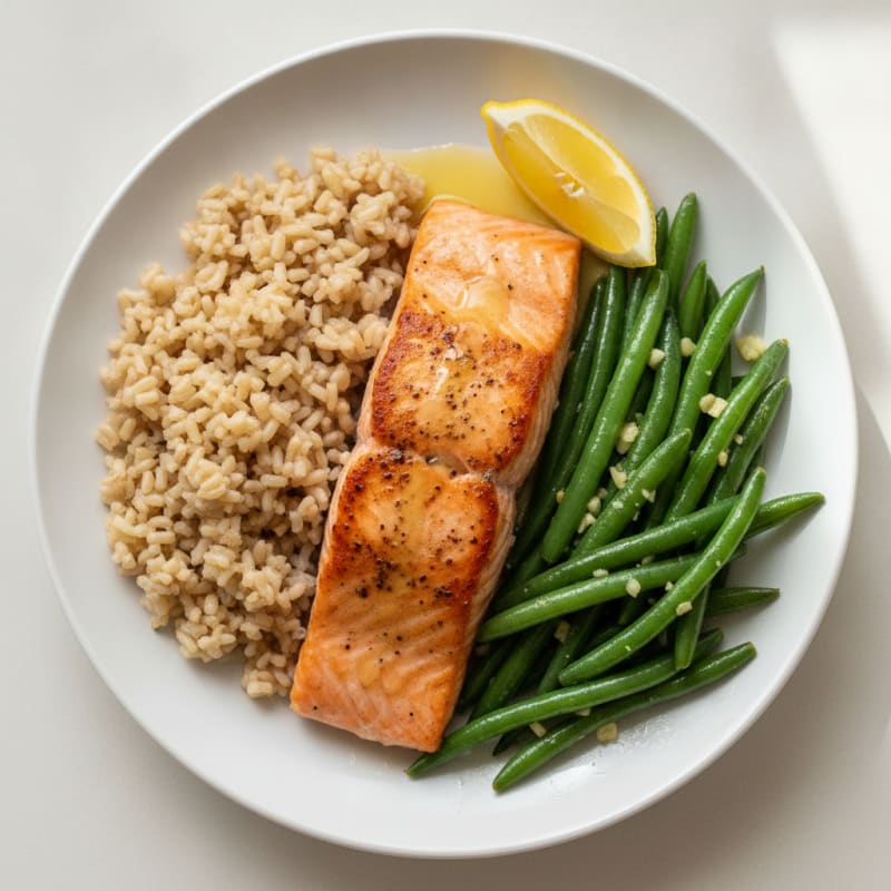 Seared Salmon Fillet with Garlic Green Beans and Brown Rice