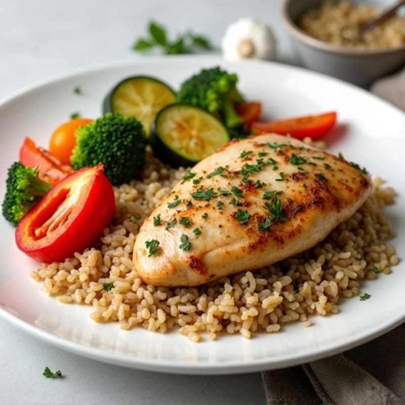Herb-Roasted Chicken with Garlic Rice and Roasted Vegetables