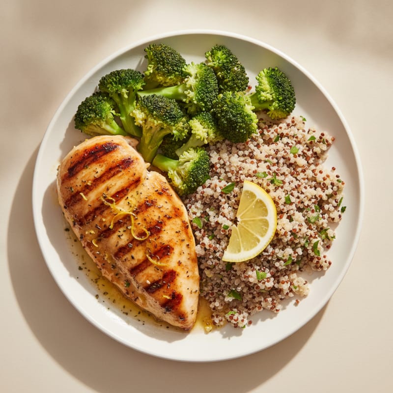 Grilled Chicken Breast with Steamed Broccoli and Quinoa