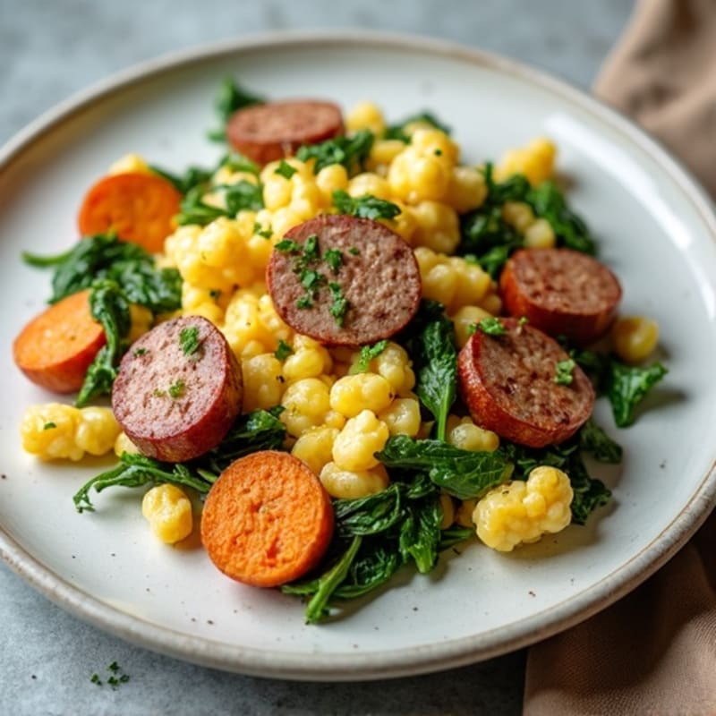Egg White Spinach Scramble with Turkey Sausage and Roasted Sweet Potatoes