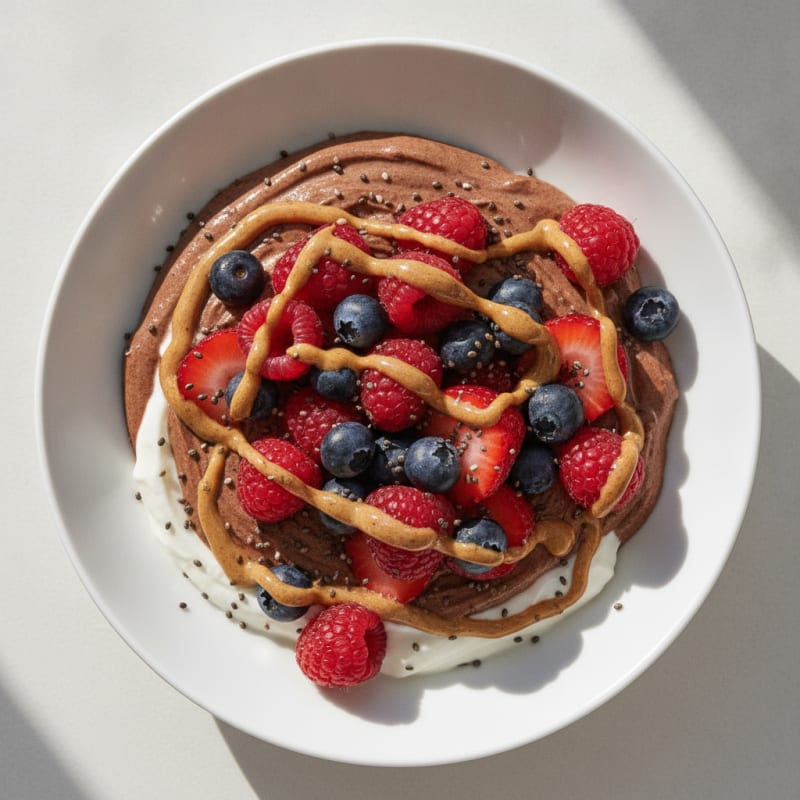 Silky Chocolate Protein Pudding with Greek Yogurt and Mixed Berries