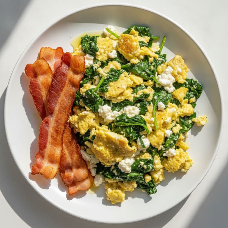 Cottage Cheese Egg Scramble with Sautéed Spinach and Turkey Bacon