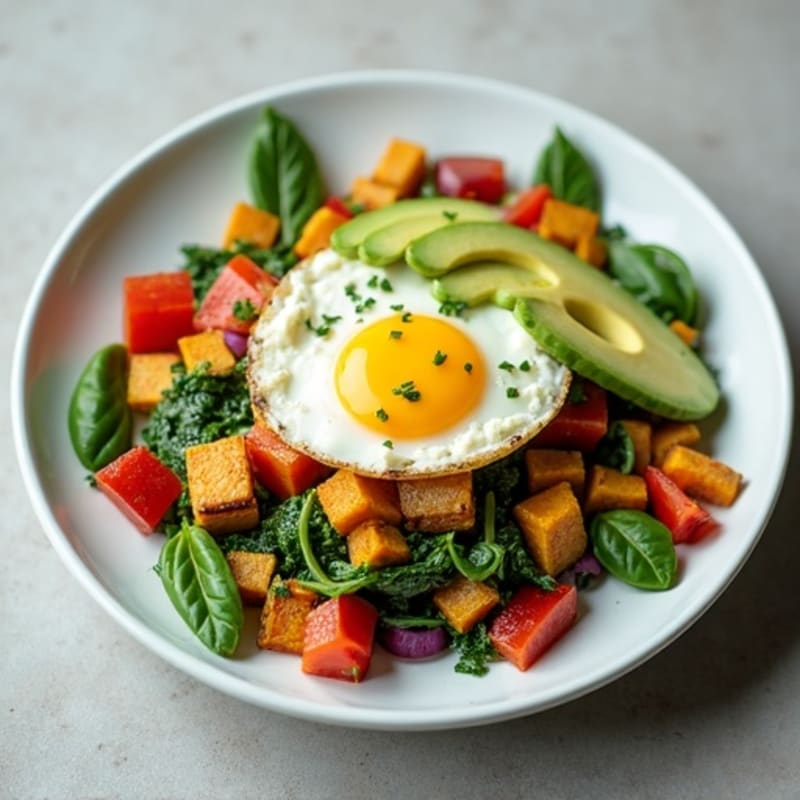 Cottage Cheese Scramble with Spinach and Roasted Sweet Potatoes