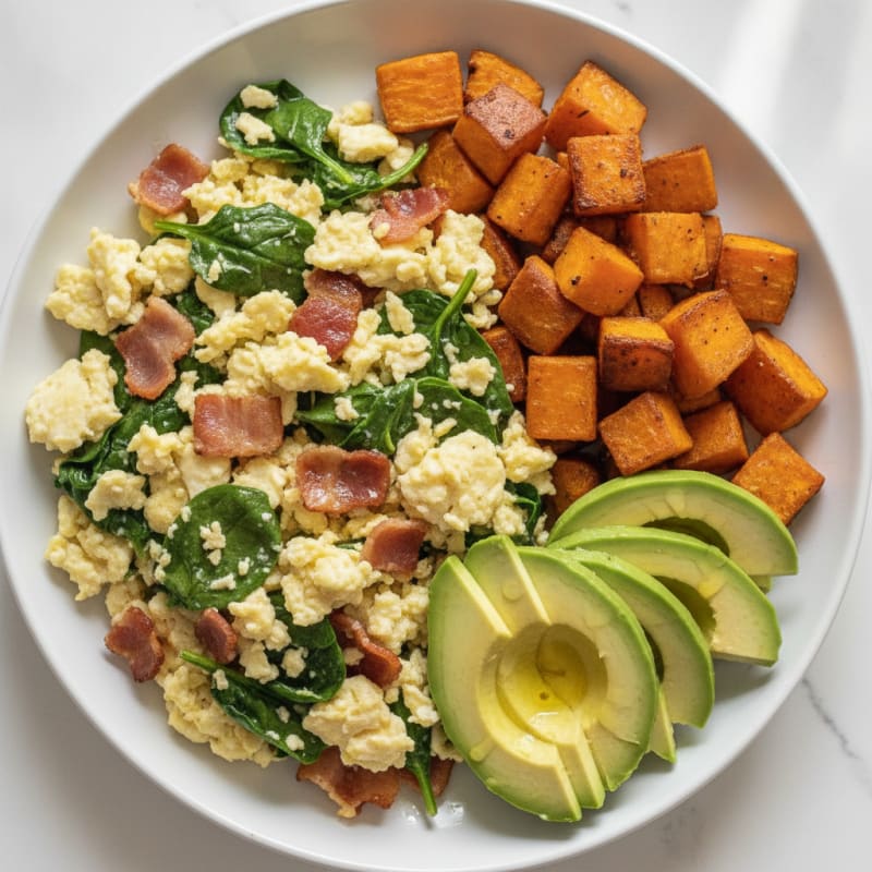 Crispy Turkey Bacon and Egg White Scramble with Sautéed Spinach