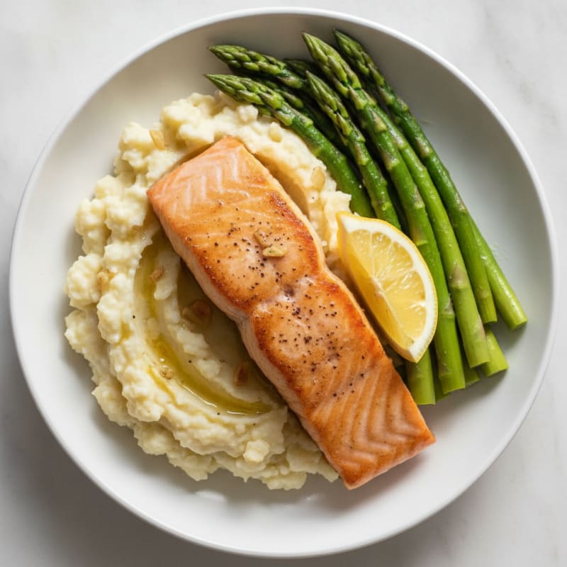 Seared Salmon with Steamed Asparagus and Garlic Mashed Cauliflower