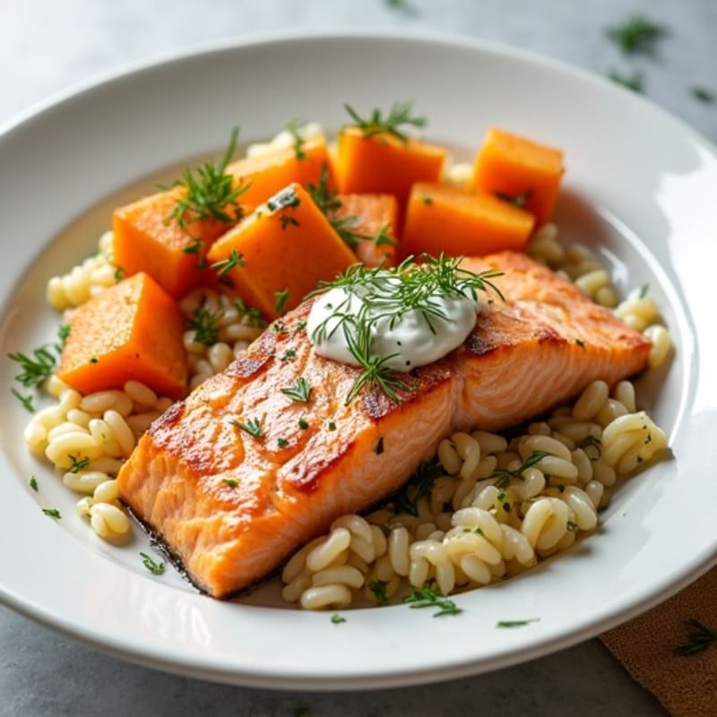 Roasted Salmon with Sweet Potato and Creamy Orzo