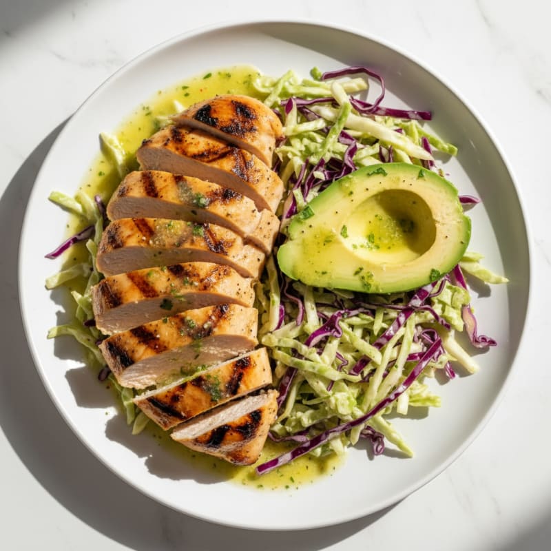 Grilled Chicken Breast with Crunchy Cabbage Slaw and Avocado