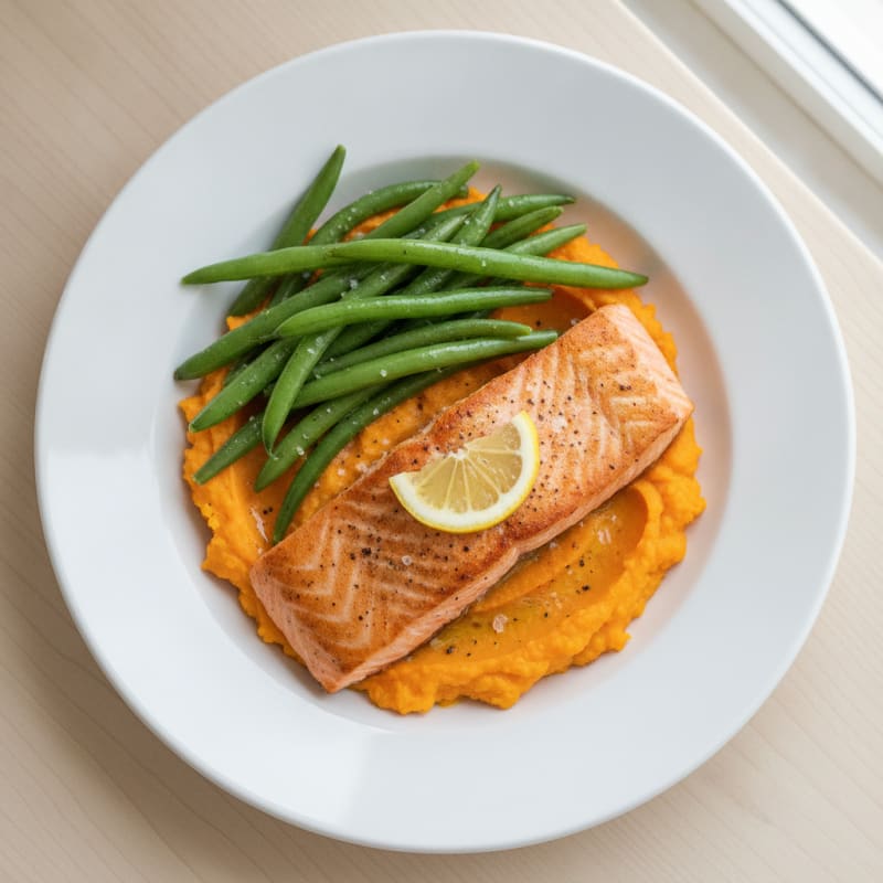 Seared Salmon Fillet with Steamed Green Beans and Sweet Potato Mash