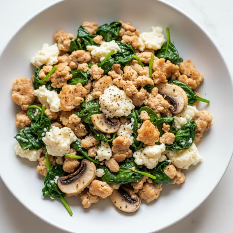 Egg White and Turkey Spinach Scramble with Sautéed Mushrooms