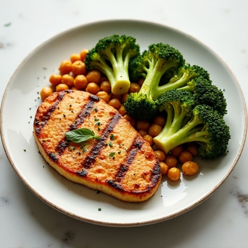 Grilled Tempeh Steaks with Roasted Broccoli and Chickpeas