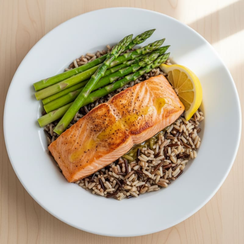 Seared Salmon Fillet with Steamed Asparagus and Wild Rice