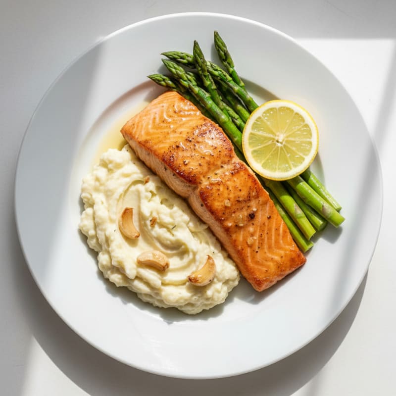 Seared Salmon with Steamed Asparagus and Garlic Mashed Cauliflower