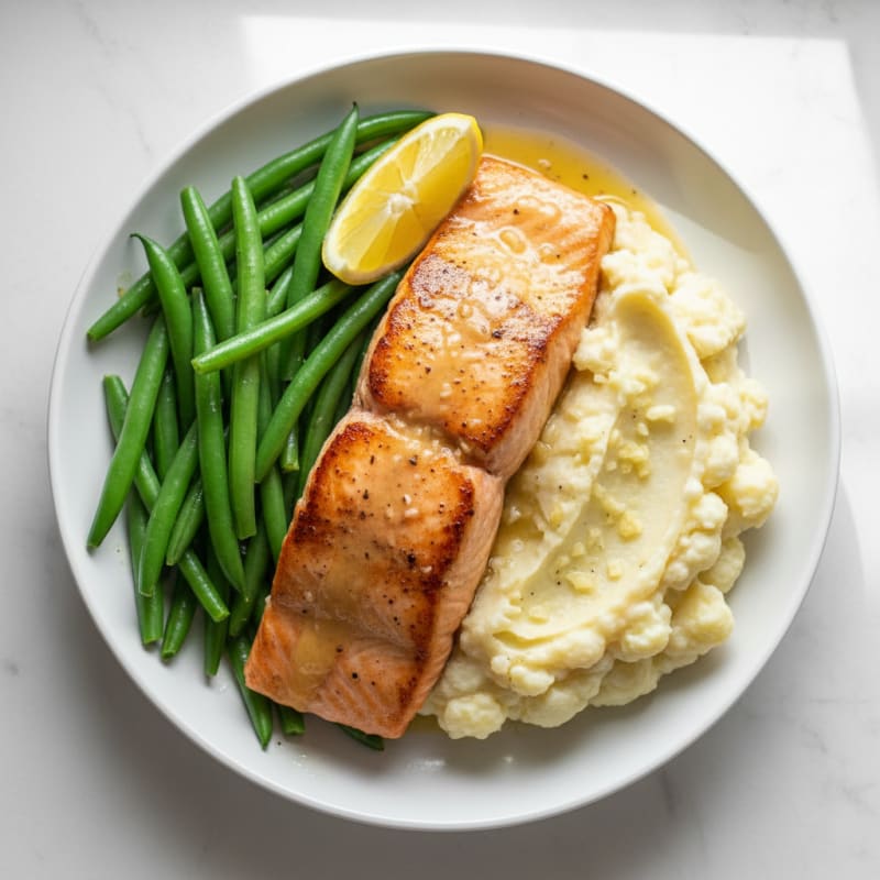 Seared Salmon with Steamed Green Beans and Mashed Cauliflower