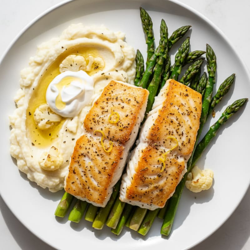 Baked Cod with Roasted Asparagus and Cauliflower Mash