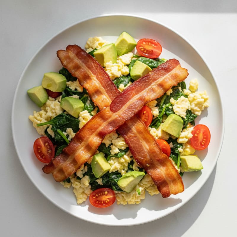 Crispy Turkey Bacon and Egg White Scramble with Sautéed Spinach