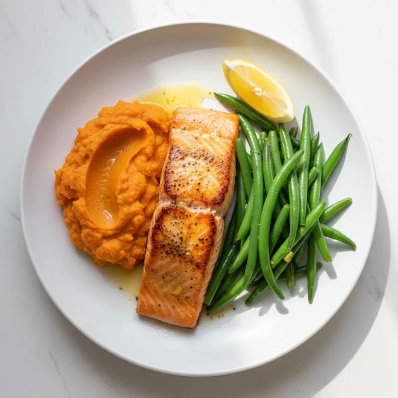 Seared Salmon with Steamed Green Beans and Sweet Potato Mash