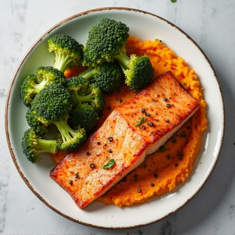 Crispy Skin Salmon with Roasted Broccoli and Sweet Potato Mash