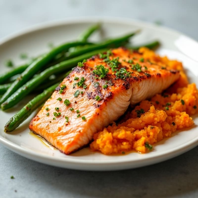 Seared Salmon with Garlic Green Beans and Sweet Potato Mash