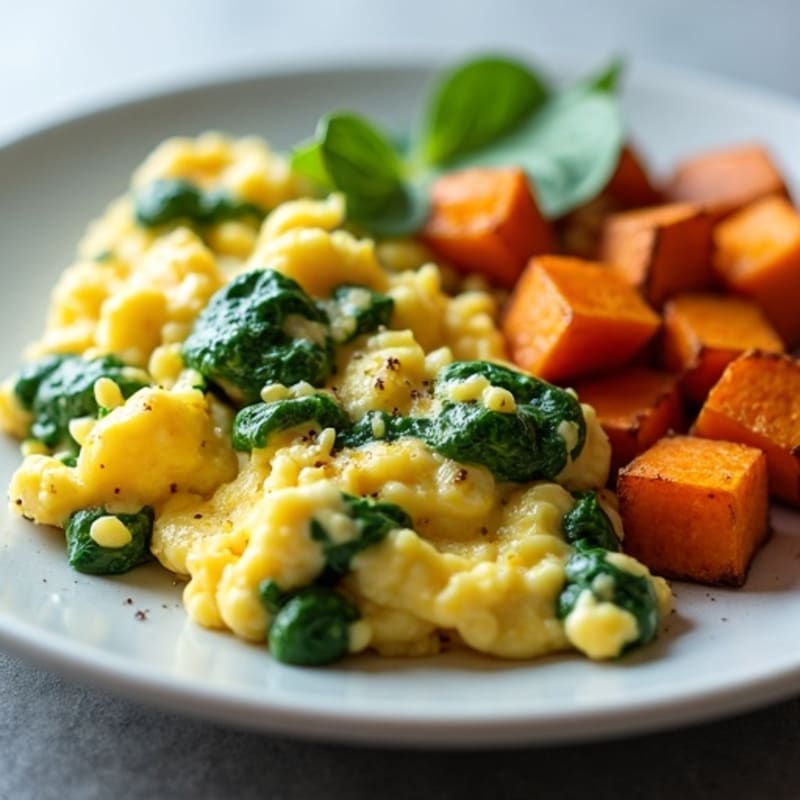 Fluffy Egg and Spinach Scramble with Roasted Sweet Potatoes