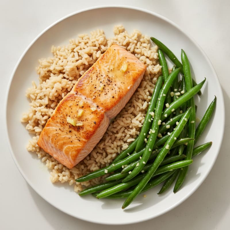 Seared Salmon with Garlic Green Beans and Brown Rice