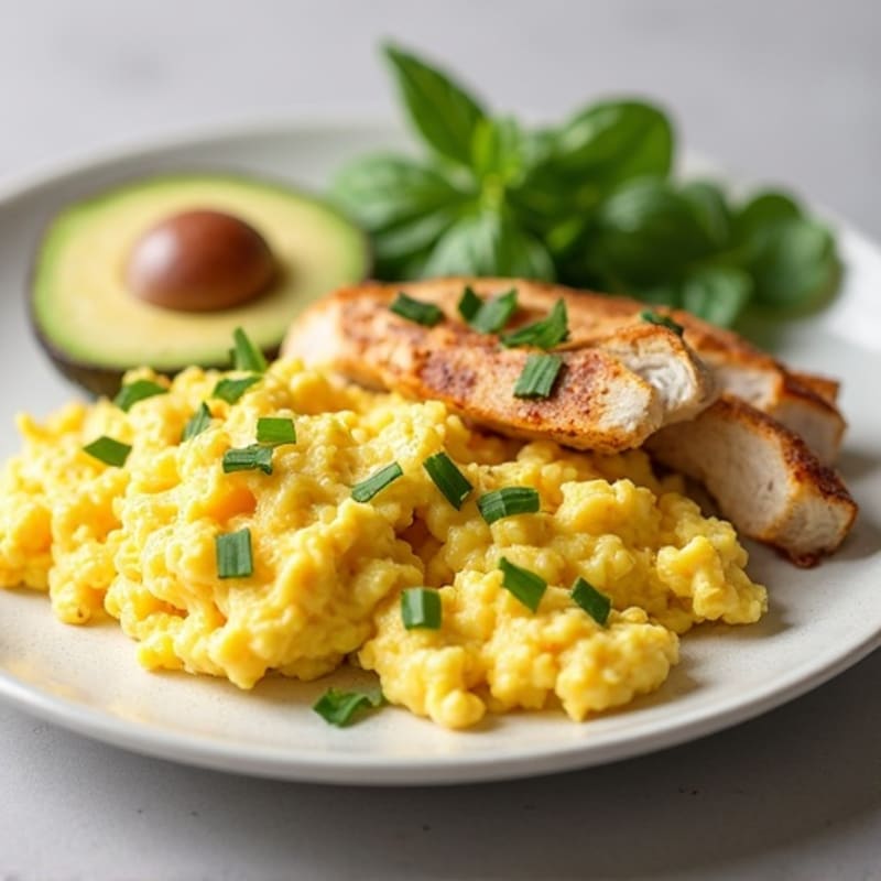 Creamy Avocado with Fluffy Scrambled Eggs and Shredded Chicken