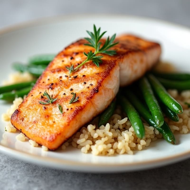 Seared Salmon Fillet with Garlic Green Beans and Brown Rice