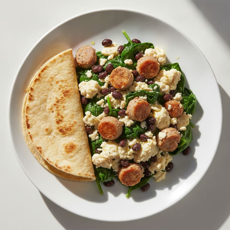 Egg White and Black Bean Scramble with Sautéed Spinach