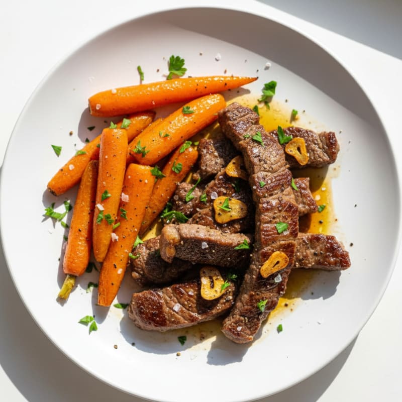 Tender Garlic Beef with Roasted Carrots