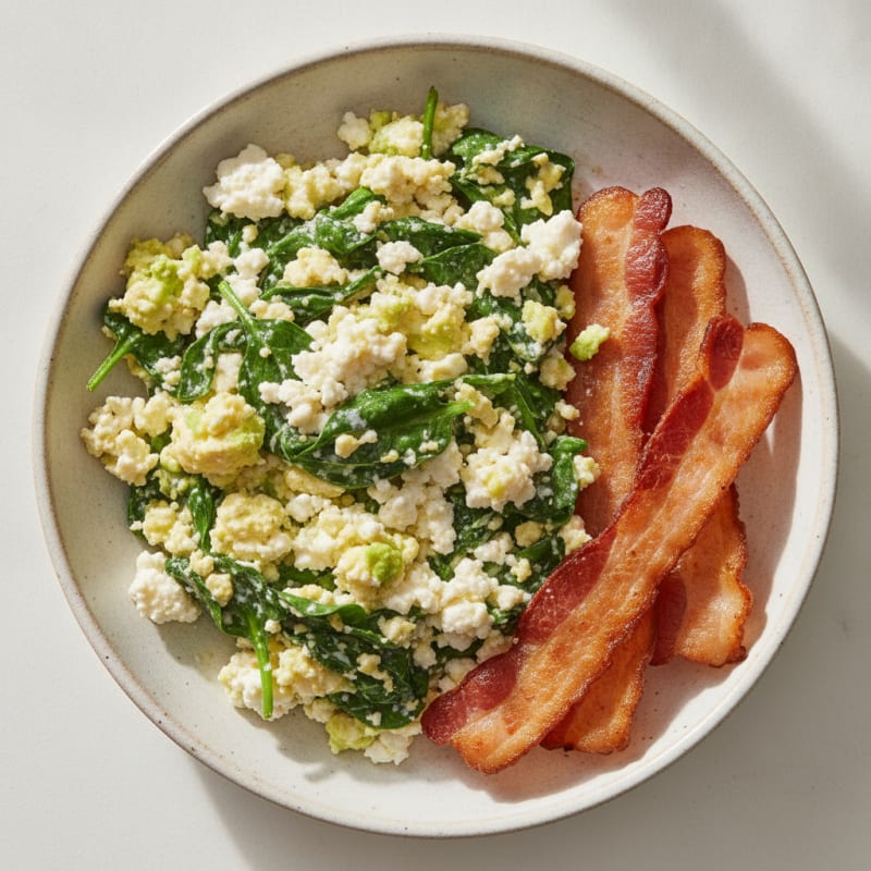 Cottage Cheese Scramble with Spinach and Turkey Bacon
