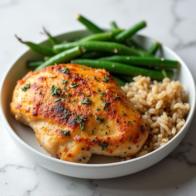 Herb-Roasted Chicken Thighs with Garlic Green Beans and Brown Rice
