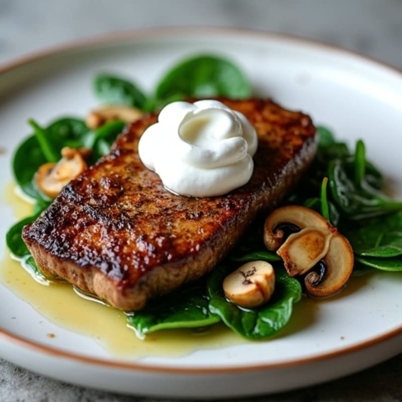 Seared Steak with Sautéed Spinach and Garlic Mushrooms